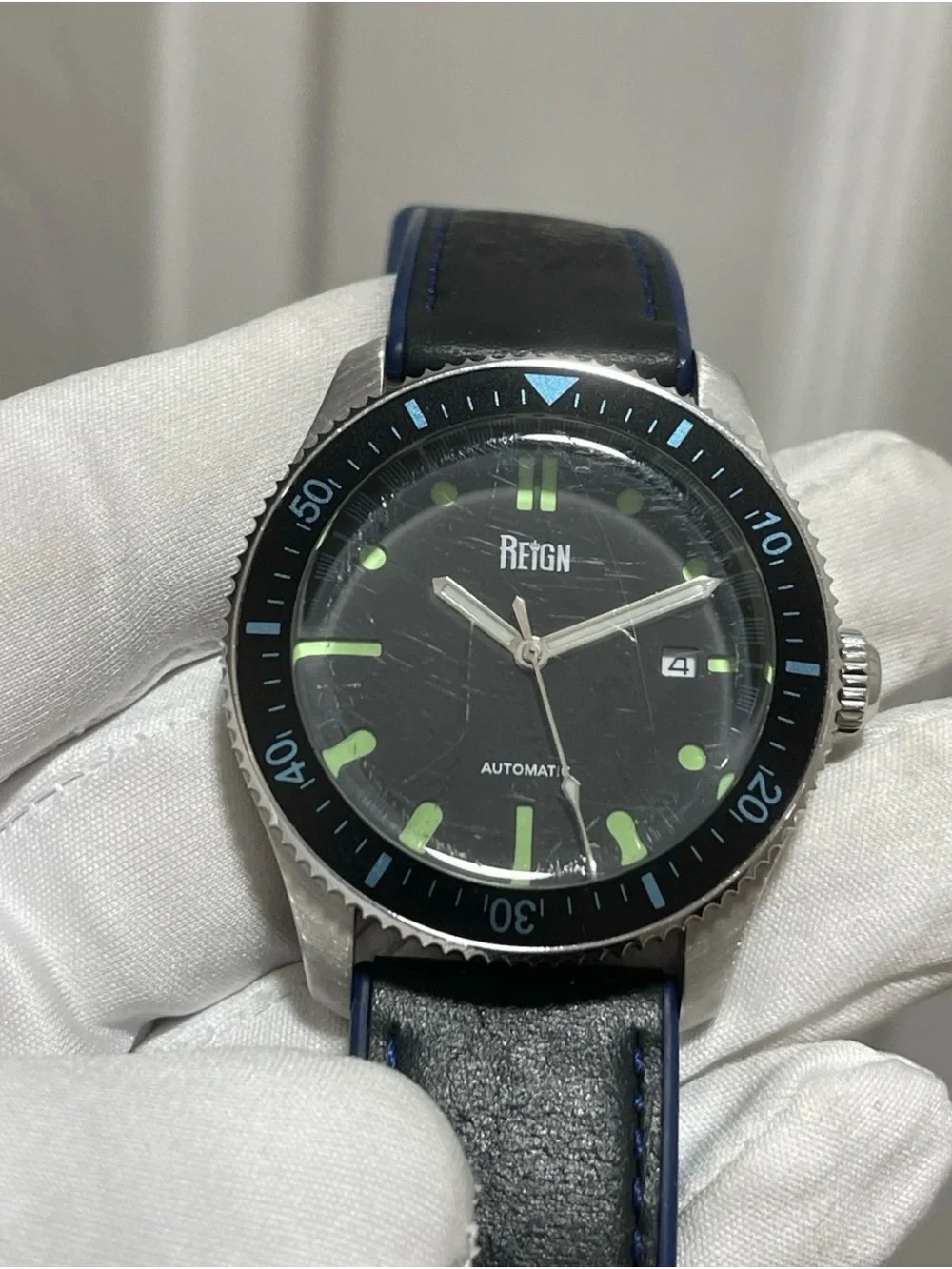 Reign Elijah Automatic Men's Diver Watch 42mm Black/Blue Leather Rubber
